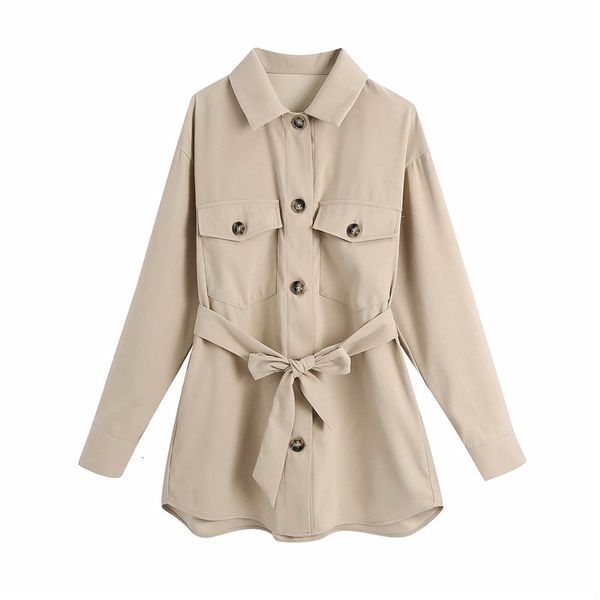 

2021 new streetwear women khaki turn collar shirts fashion ladies pocket long causal female chic button sashes blouses ljdh, White