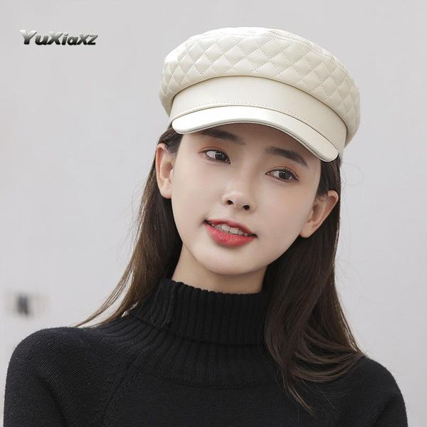 

hat female beret pu leather autumn winter japanese flat-navy hat breathable british retro octagonal hats, Blue;gray