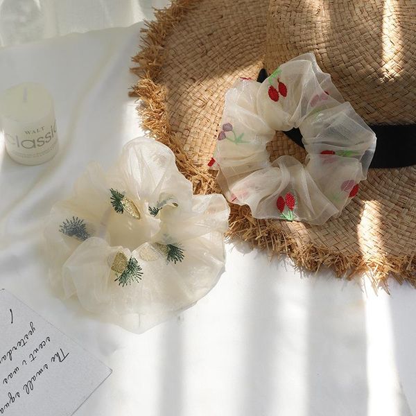 

cherry & pineapple fruit embroidered intestine hair band ins girl's sweet hipster chiffon hair band ball head headband, Brown