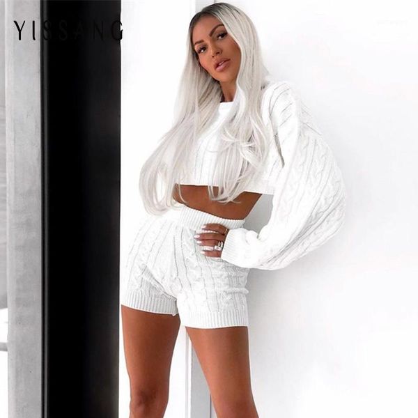 

yissang knitted sweater two piece set women long sleeve crop and short pants suit autumn sets 2 piece set club outfits1, Gray