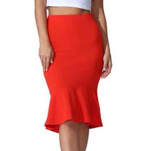 

fashion office women solid color high waist fishtail flouncing skirt short dress polyester spandex skirt, Black