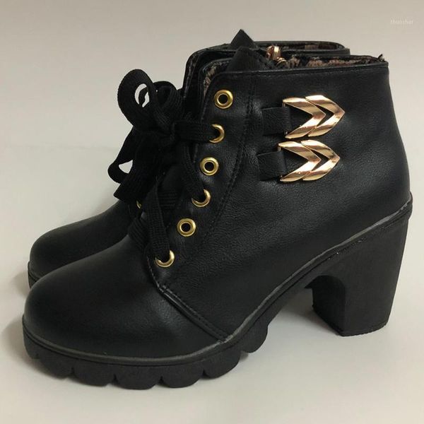

boots women lace up ankle leather side zipper high heels round toe booties ladies winter block d301, Black
