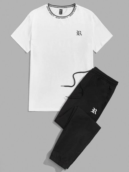 

men letter graphic tee & drawstring sweatpants set r6ij#, Gray