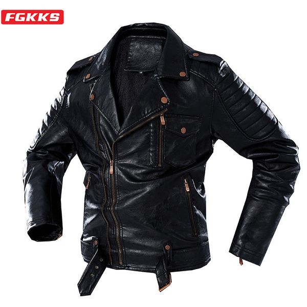 

fgkks winter men fashion leather jacket men's retro thick leather jacket trendy brand biker pu leather jackets male 201026, Black