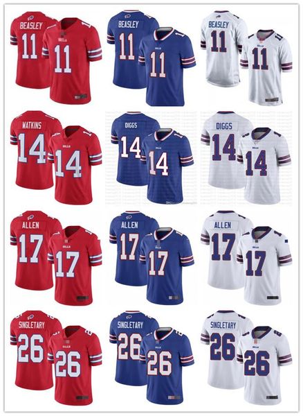 

mens womens youth buffalo bills 14 stefon diggs 17 josh allen 26 devin singletary 11 cole beasley white red blue football jerseys, Black;red