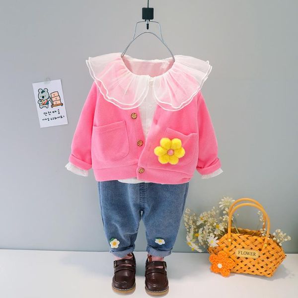 

2021 spring baby girls clothing sets fashin shirt flowers jackets jeans 3pcs baby girls outfits children clothing kids costume, White