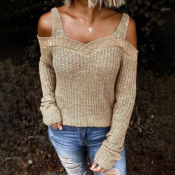 

women long sleeve off-shoulder knitted pullovers sweater cold shoulder khaki solid color sweater1, White;black