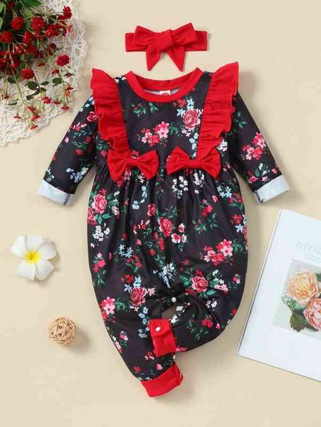 

baby floral print ruffle trim bow front jumpsuit with headband she, Blue