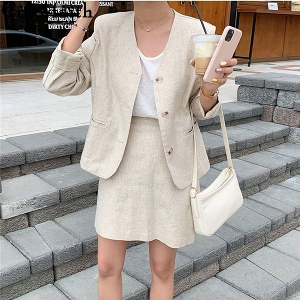 

colorfaith new 2020 summer fall women's sets 2 pieces matching short skirt cotton and linen vintage pockets elegant suit ws8557 t200701, White