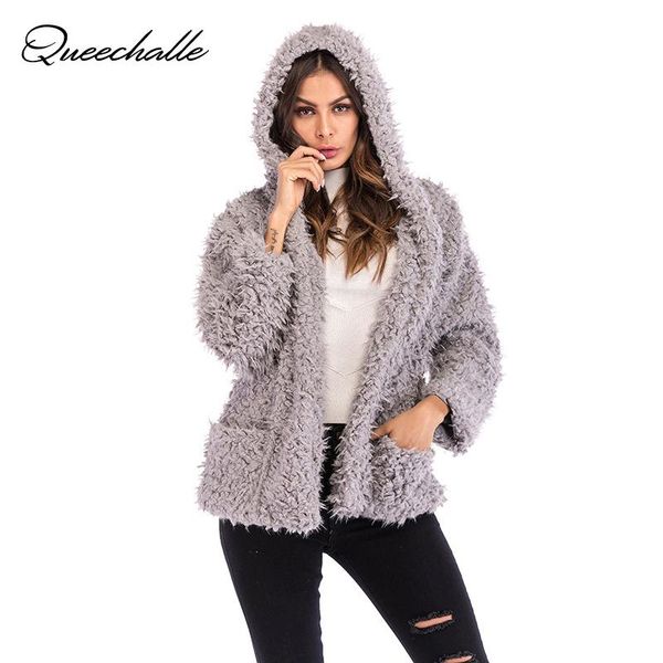 

women's wool & blends gray coat autumn winter solid warm thickened plush female hooded casual woolen long sleeve outercoat, Black