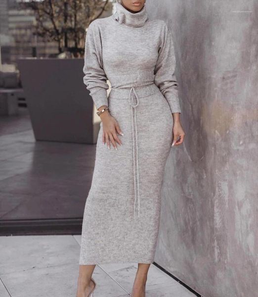 

high neck solid color knit dresses spring female casual women long skirt clothing womens midi dress fashion trend sexy, Black;gray