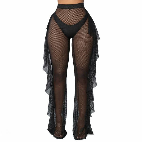 

wholesale-women beach pants see through sheer mesh ruffle beach cover up pants solid beachwear women swimwear swimsuit cover up