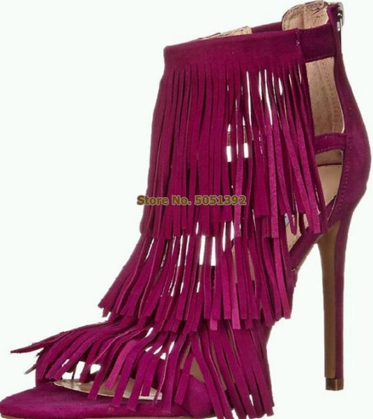 

fringe suede summer sandals ankle boots peep toe tassel high heel stiletto fashion booties large size, Black