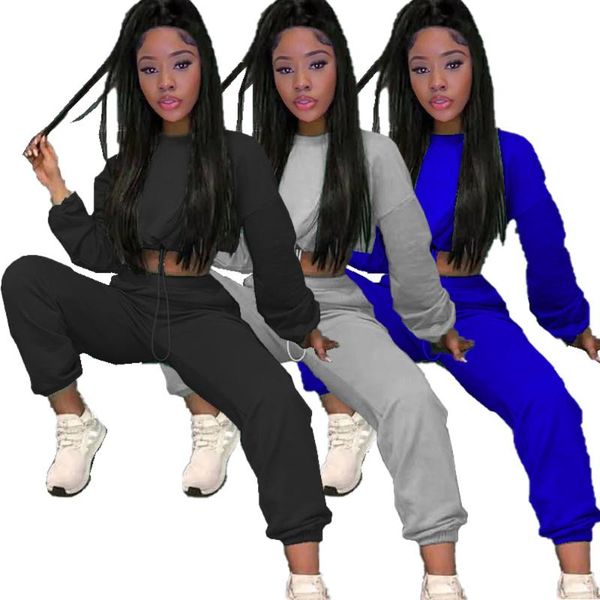 

fashion solid women fleece sets o-neck long sleeve crop drawstring high waist ankle length pants tracksuits 2020 autumn, Gray