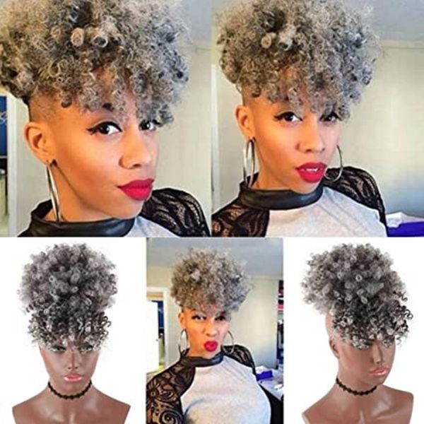 

silver grey afro puff bun with bangs ponytail hairpieces african american short afro kinky curly human drawstring ponytail hair extention, Black