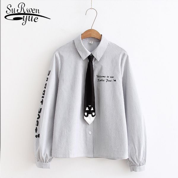 

long sleeve stripe spring turn down collar blouse letters printed women blouses with tie student cotton shirt 7438 50 y200828, White