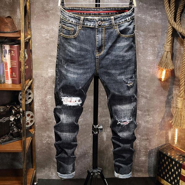 

men's jeans 2021 spring men straight-leg slim stretch feet korean style denim pants male trendy ripped black casual trousers, Blue