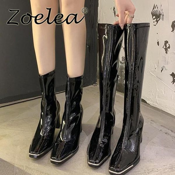 

fashion square toe patent leather short boots new woman boots autumn winter warm patent leather high heels shoes 2020, Black