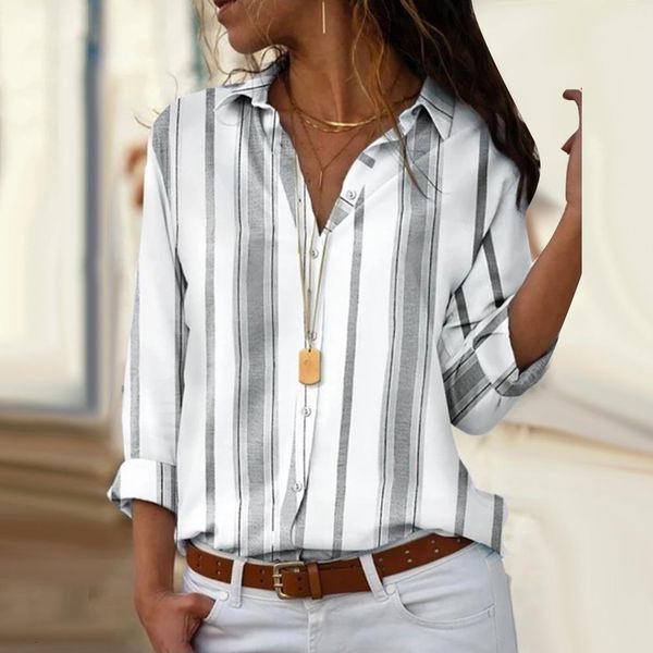 

women vertical stripe long sleeve turn down collar buttons down loose shirt casual shirt fashion office shirt plus size, White