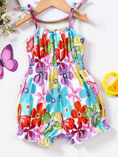 

baby floral print shirred tie shoulder cami romper she, Blue