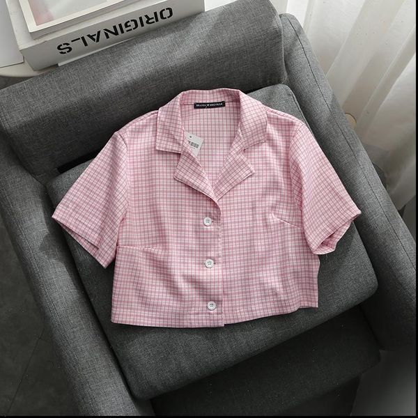 

soft girls pink plaid short shirts 2021 fashion ladies elegant casual shirt streetwear girls bomb femme vintage women chic, White
