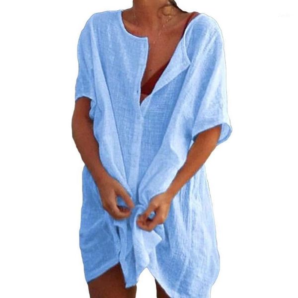 

plus size summer women solid color deep v neck short sleeve loose cover up party dress1, Black