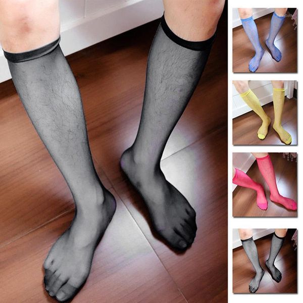 

nylon mesh sheer stockings mens thin stockings silky over the calf knee high long invisible seamless1, Black;white
