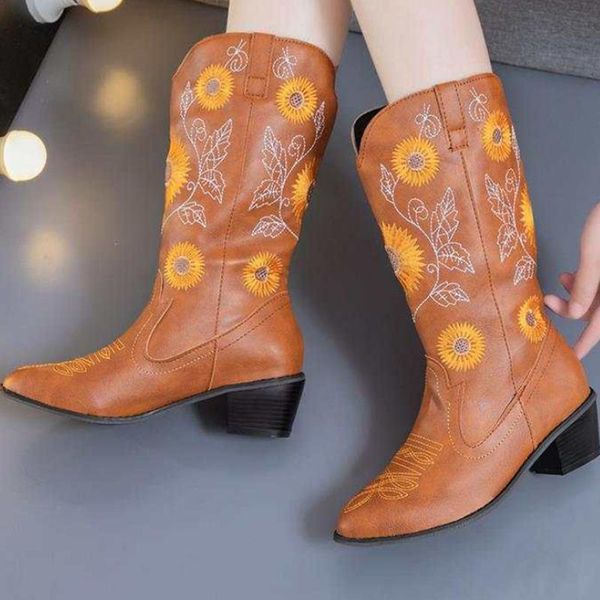 

2020 winter women's boots fashion put-on mid-calf boots comfortable low-heeled round-toe square heel embroidered pu women, Black