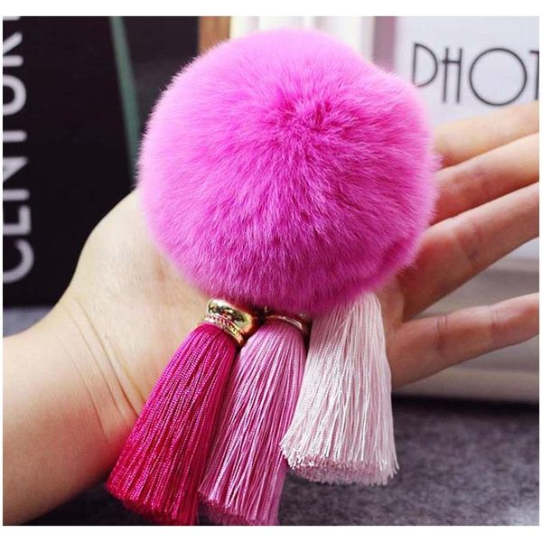 

fashion 12 colors rabbit fur cony hair ball pompom charm thrice tassel pendant keychain for women car key ring handbag accessory f sqchnv, Silver
