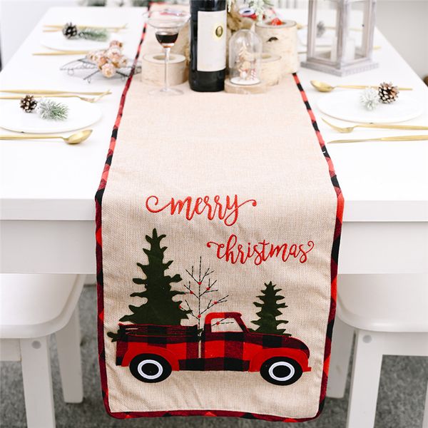 Camino de mesa navideño de tela con árbol de Navidad, Bandera de mesa con estampado de camión rojo a cuadros de búfalo, granja navideña Retro, 71 