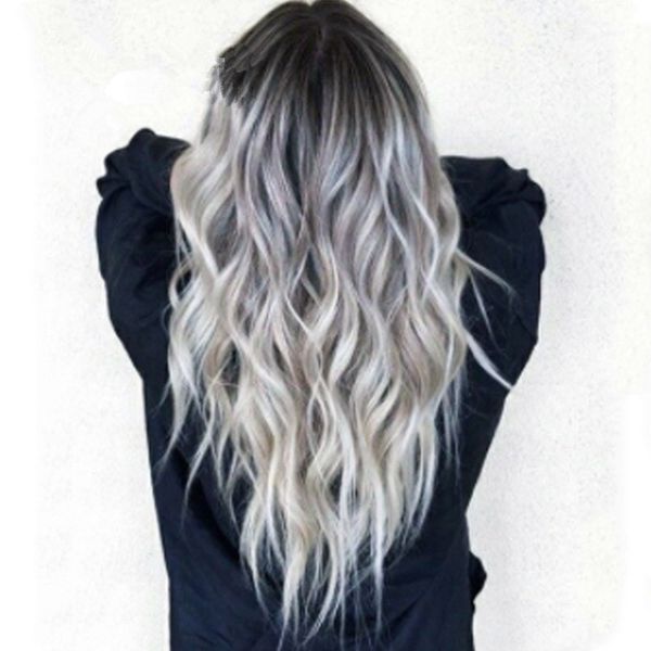 

selling bleaching and dyeing medium split long curly hair cos gray gradient animation wig new feminized fiber head cover, Black