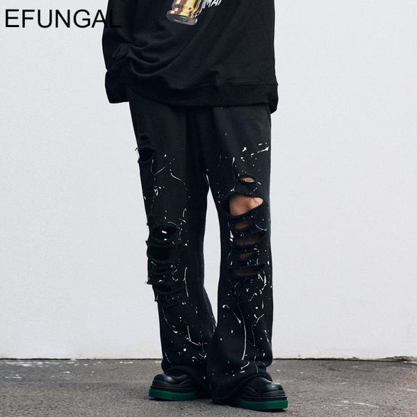 

men's pants cotton warm hip hop joggers mens winter casual graffiti ink print fashion streetwear ripped hole loose trousers, Black