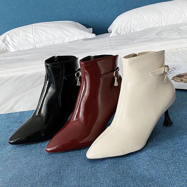 

boots spring autumn fashion ladies shoes pu leather high heels ankle women pointed toe zipper thin, Black