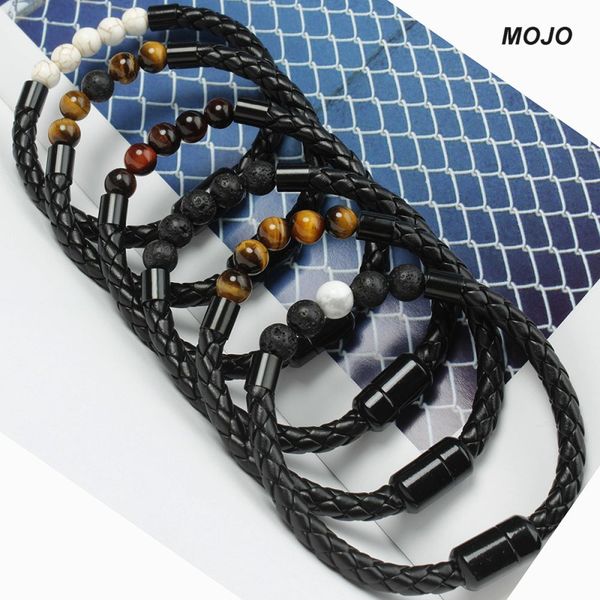 

8mm agate tiger eye bead strands braid leather bracelets black magnetic buckle bracelets