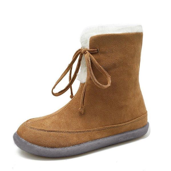

boots 2021 winter fur snow for women fashion round toe wedges lace-up mid-calf shoes outside, Black