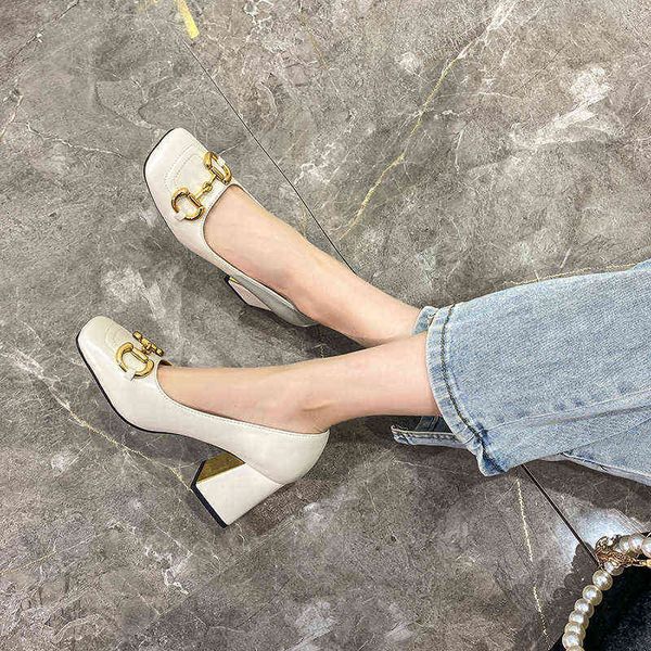 

g family genuine leather mary jane single shoes women's horse street buckle thick heels 2022spring and summer new square head high heel, Black