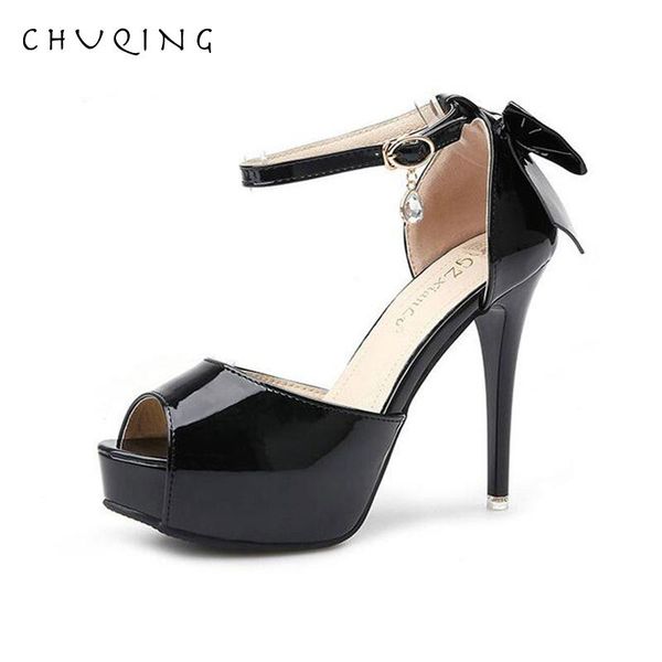 

chuqing 2021 summer new fashion women's shoes waterproof platform bow solid color patent leather high heels, Black