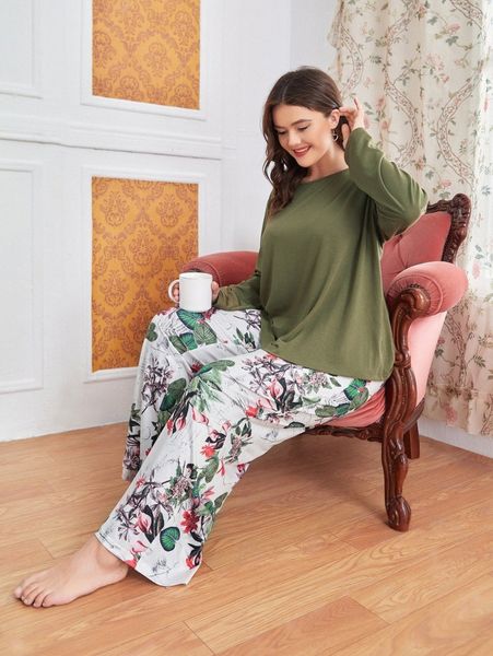 

plus solid tee & tropical print pants pj set z3vq#, Black;white