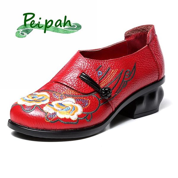 

peipah genuine leather vintage embroider handmade women's pumps casual slip on ladies shoes high heeled shoes women mary janes, Black