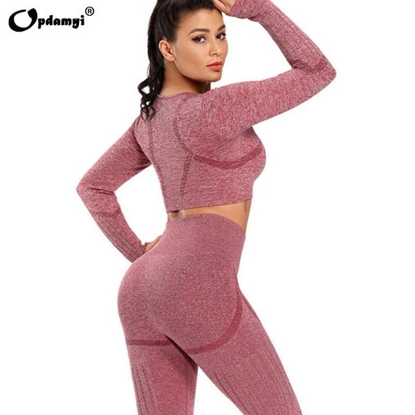 

women seamless yoga set fitness sports 2 piece gym clothes long sleeve shirts high waist running leggings workout pants kg-18, White;red