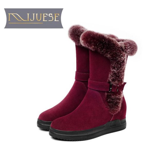 

mljuese 2020 women mid-calf boots cow suede hair red color winter short plush increasing wedges women snow boots size 40, Black