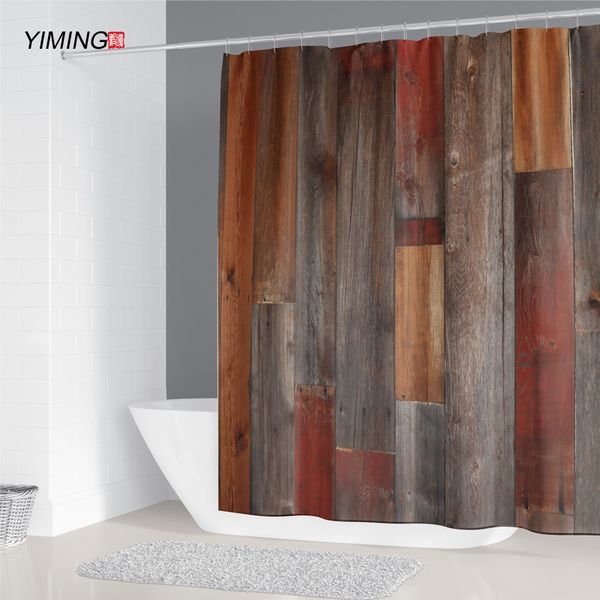 Yiming Kahverengi 3D Ahşap Kurulu Baskı Duş Perdesi Polyester Anti-Mildede Banyo Dekorasyon Perdesi Su Geçirmez Kemer Hook200 * 180 T200711