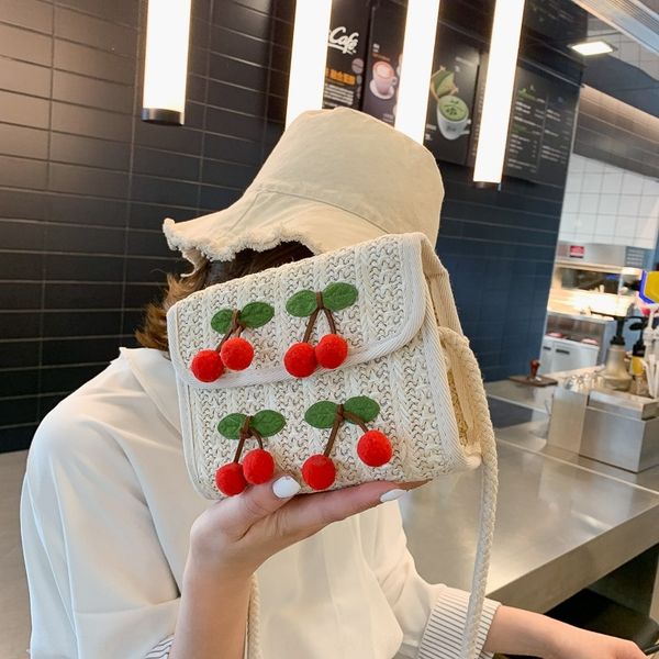 

omfic соломы корейского мультфильма лето лето свежий мультфильм свежей вишни одного плеча мешок сдвоенного пакера 2019 пляж мешок соломы xia