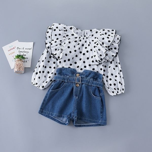 

3-7 years spring girl clothing set new fashion casual dot shirt + jeans kid children girls clothing y200325, White