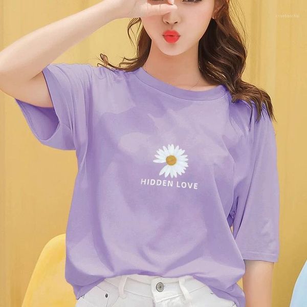 

summer tshirt 2020 vogue women daisy short sleeve tee loose oversized t shirt thin korean style purple aesthetic clothes women1, White