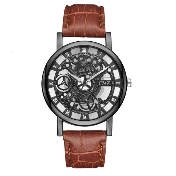 

and women's watch fashion simple men's double sided hollow false mechanical quartz watch men's belt watch, Slivery;brown