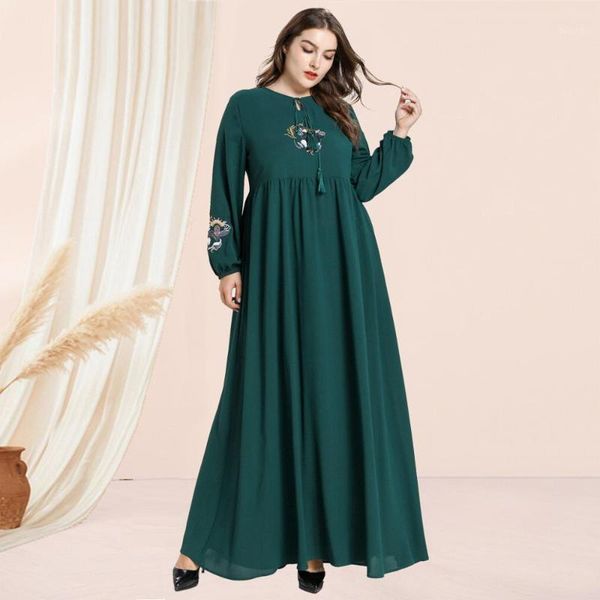 

solid dark green muslim dress long sleeve embroidery high waist pleated maxi robe musulmane longue boho beach dresses big size1, Red