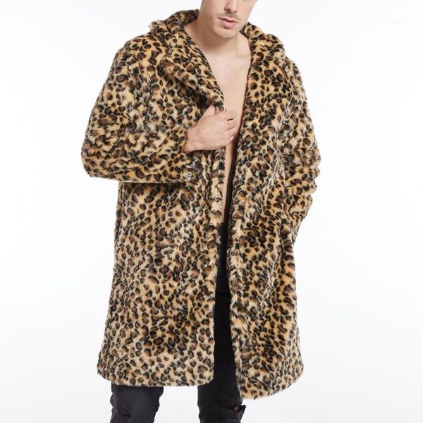 

men's wool & blends man winter keep warm faux fur coat plus size loose fashion long sleeve leopard print thicken imitation turn-down co, Black