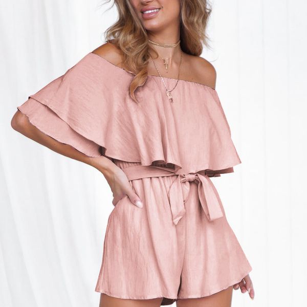 

women summer jumpsuit solid color off shoulder short sleeve strappy belted shorts jumpsuit for summer beach vacation -op t200704, Black;white