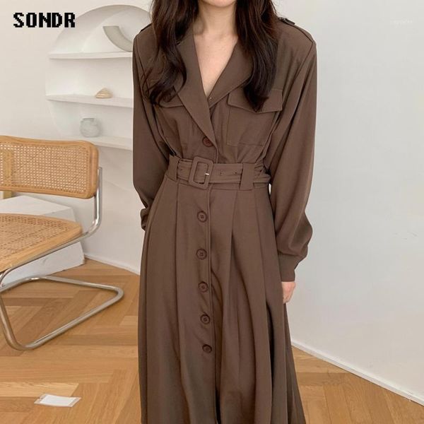 

korean one-piece women's dress 2020 autumn winter clothing vintage office ladies dress lapel single breasted women's long1, Black;gray